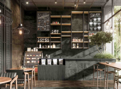 Restauracja, stoliki i krzesła, podłoga przy barze i ściana wyłożone Mud Chocolate Natural 24,9x100 płytka imitująca beton