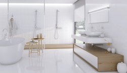 biała łazienka, drewniane elementy, duża kabina prysznicowa, wanna wolnostojąca, na ścianie płytki terranova brillo i rlv terranova brillo