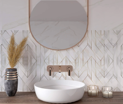 nowoczesna łazienka, miedziane elementy dekoracyjne, okrągła umywalka nablatowa, roślina ozdobna w wazonie, na ścianie płytki lengo white i dc lengo