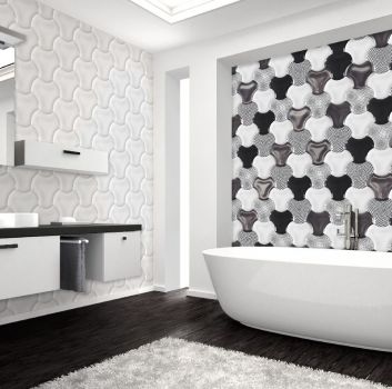 Biało-czarna łazienka z wanną wolnostojącą, białymi półkami z umywalką nablatową oraz lustrem z kinkietem