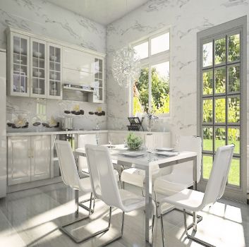 Marmurowa kuchnia z białymi meblami, biało-srebrnym stołem z 6 krzesłami oraz dwoma oknami