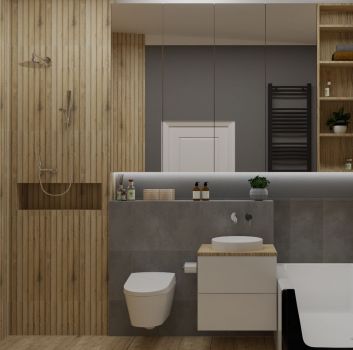 Szaro-drewniana łazienka z prysznicem, toaletą oraz wanną wolnostojącą