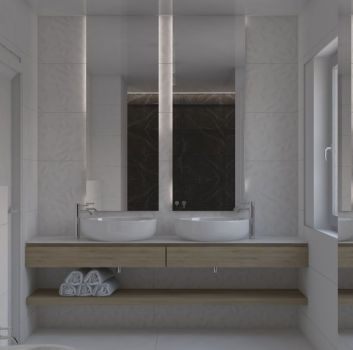 Biała łazienka z drewnianym blatem, dwoma umywalkami nablatowymi oraz toaletą