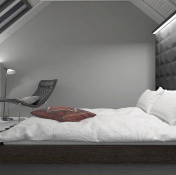 Biało-grafitowa sypialnia z drewnianym łóżkiem, szafką nocną oraz fotelem z lampą w rogu