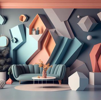 Pokój z akcentami geometrycznymi i trójwymiarowymi, niebieską kanapą, okrągłym stolikiem i ozdobami