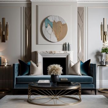 Elegancki, klasyczny salon z niebieską kanapą, dwoma białymi fotelami, okrągłym stolikiem, dywanem, dwoma kinkietami w stylu glamour i ozdobą na ścianie
