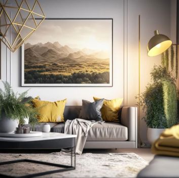 Elegancki salon z szarą kanapą, żółtymi poduszkami, dywanem, stolikiem, lampą i obrazami na ścianie