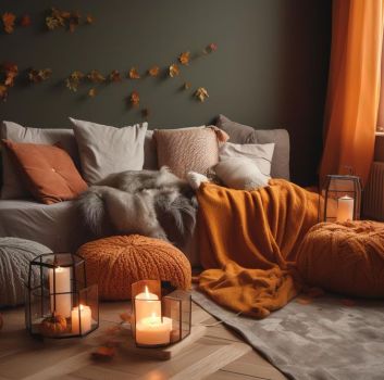 Przytulny salon z jesienną atmosferą, z kanapą, poduszkami, kocem, pufami, świecami i liśćmi