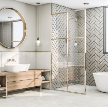 Łazienka z kabiną prysznicową i wanną, drewnianą szafką z umywalką nablatową i okrągłym lustrem