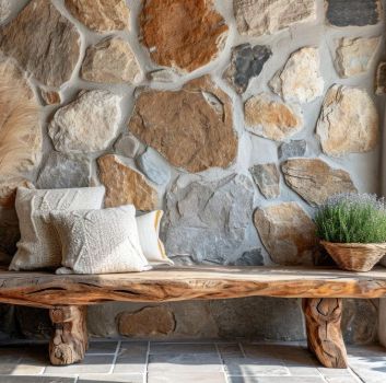 Wnętrze wyłożone kamieniem z ławą z drewna, poduszkami i roślinami