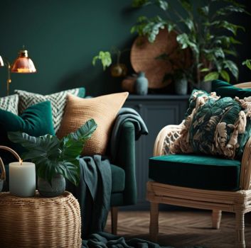 Salon ze ścianą, kanapą i fotelem w kolorze butelkowej zieleni