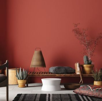 Pokój z czerwonymi ścianami, jasną podłogą z dywanem i ozdobną poduszką, dwoma krzesłami i ławą, lampką, kwiatami i różnymi ozdobami