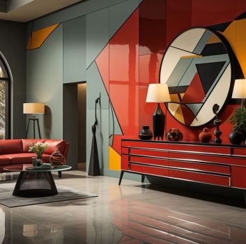 Nowoczesne, kolorowe wnętrze ze skórzaną kanapą, okrągłym stolikiem, czerwoną komodą, okrągłym lustrem, lampami i ozdobami