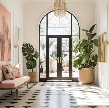 Elegancki korytarz ze szklanymi drzwiami, różową kanapą z poduszkami, obrazem i kwiatami