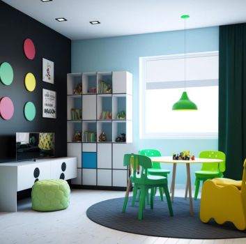 Kolorowy pokój dziecka z okrągłym stolikiem z krzesłami, białą komodą z telewizorem i białym regałem