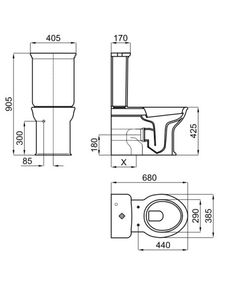 rysunek techniczny Antic spłuczka z dopływem dolnym z prawej strony 4,5/3L 100232022