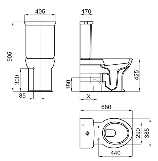 rysunek techniczny Antic spłuczka z dopływem dolnym z prawej strony 4,5/3L biały złoto 100231999