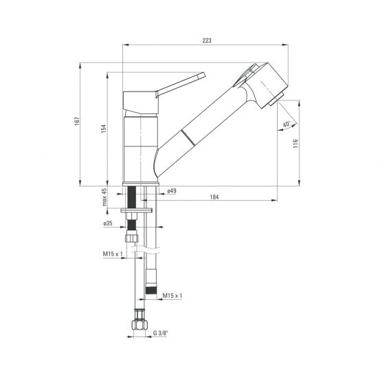 rysunek techniczny Narcyz bateria kuchenna stojąca chrom BDN 071M