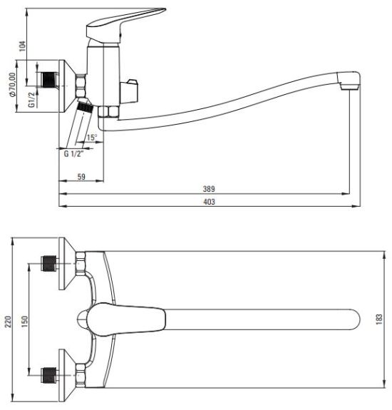 rysunek techniczny Boro bateria umywalkowa ścienna z wydłużoną wylewką chrom BMO_056M