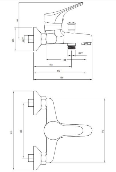 rysunek techniczny Joko bateria wannowo-prysznicowa ścienna chrom BOJ_010M