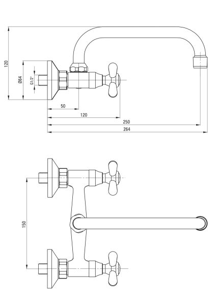 rysunek techniczny Symetrio bateria umywalkowa ścienna chrom BOS_050D