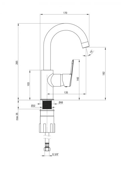 rysunek techniczny Arnika bateria umywalkowa stojąca chrom BQA_024M