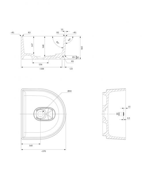 rysunek techniczny Cadence M+ umywalka nablatowa p&oacute;łokrągła 37x42 cm biały mat CADENCE420BM