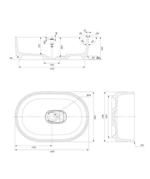 rysunek techniczny Cadence M+ umywalka nablatowa owalna 42x62 cm biały mat CADENCE620BM