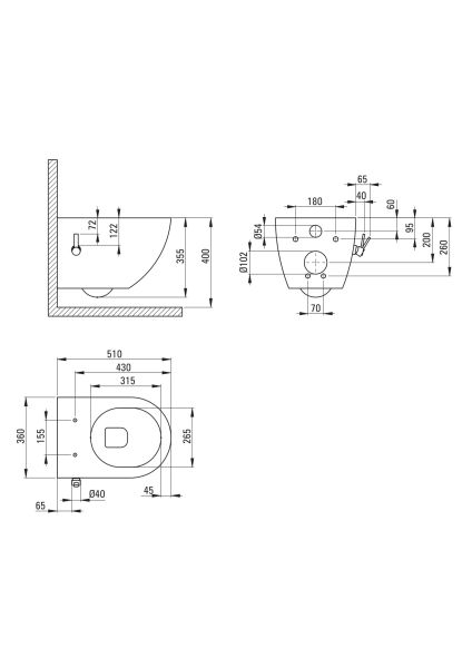 rysunek techniczny Peonia Zero miska WC z funkcją bidetu biała CBP_6WPW