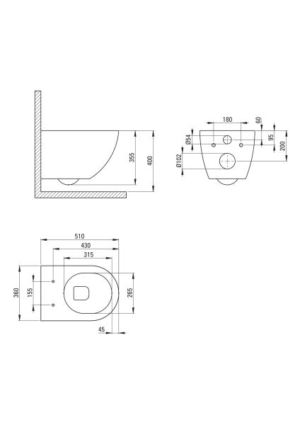 rysunek techniczny Peonia Zero miska WC wisząca bezkołnierzowa biała CDE_6ZPW