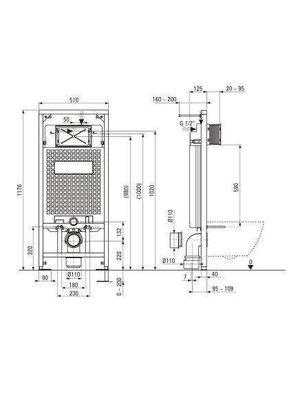 rysunek techniczny zestawu Peonia Zero zestaw WC podtynkowy 6 w 1 CDEN6ZPW