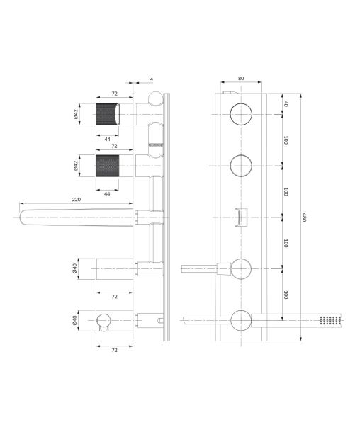 rysunek techniczny Contour bateria wannowa podtynkowa 5-otworowa złoto szczotkowane CT8037/1GLB
