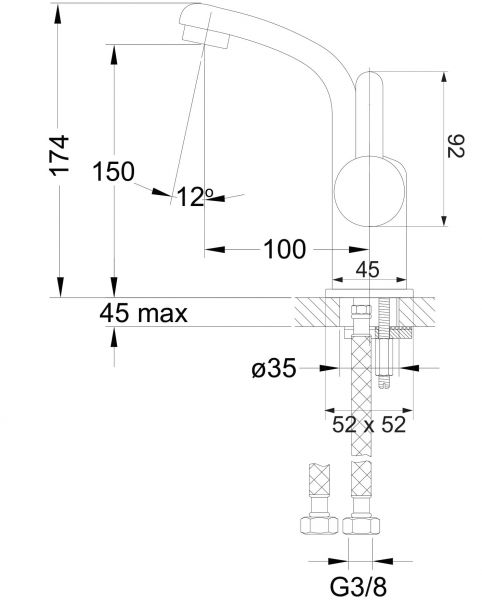 rysunek techniczny Darling bateria umywalkowa sztorcowa chrom DA5010CR