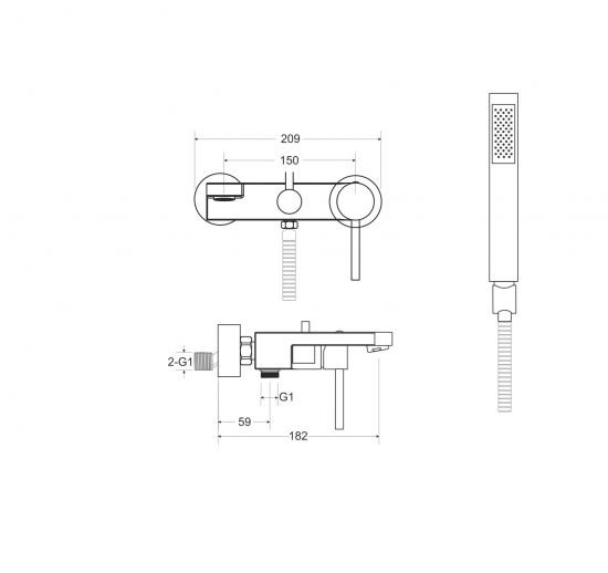 rysunek techniczny Decco bateria wannowo-prysznicowa ścienna chrom BW-DS-CH