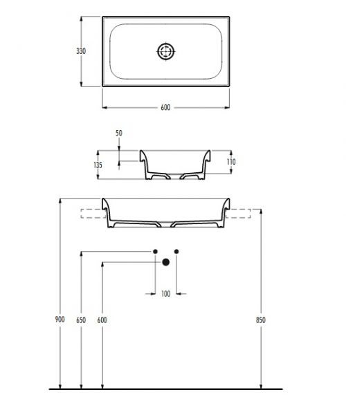 rysunek techniczny Ulm umywalka wpuszczana w blat prostokątna 33x60 cm biała 01819001