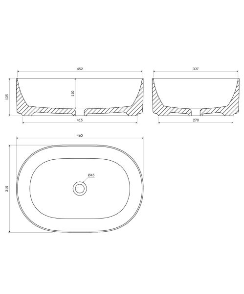 rysunek techniczny Mesa umywalka nablatowa owalna 31x46 cm biały połysk MESA460BP