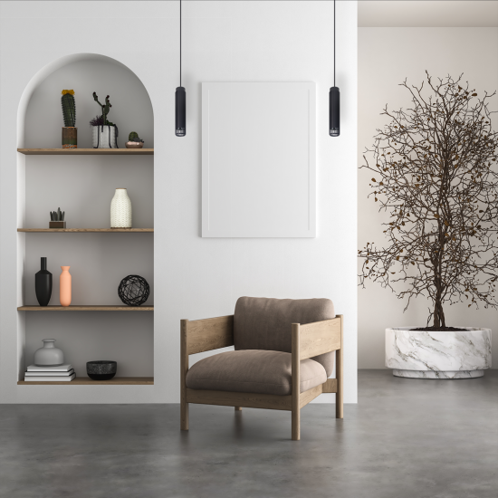 Przestrzeń wypoczynkowa z funkcjonalnym fotelem, p&oacute;łkami wbudowanymi w ściane z wykorzstaniem dw&oacute;ch lamp wiszących Vertical Black.