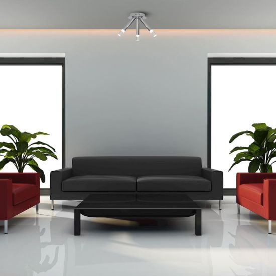 LAMPA SUFITOWA ICE 15W LED w szarym salonie z czerwonymi kanapami
