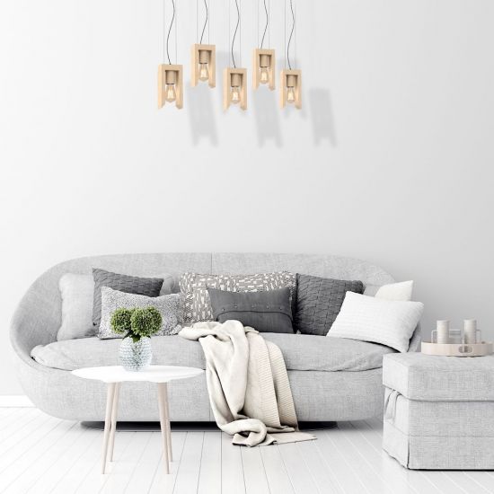 Lampa wisząca VINCENZO 5xE27 w szarym salonie z szarą kanapą i białym stolikiem