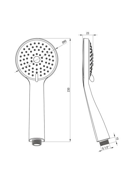 rysunek techniczny Boro słuchawka prysznicowa czarna NER_N5RS