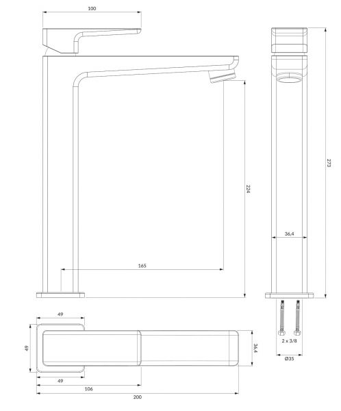 rysunek techniczny Parma bateria umywalkowa wysoka grafit PM7412GR