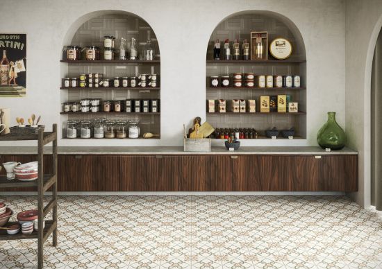 Sklep z płytkami dekoracyjnymi Provenza Green Petals na podłodze z szafkami, p&oacute;łkami i wyposażeniem