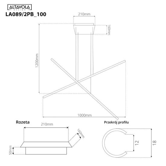 rysunek techniczny Altavola Lampa wisząca LINEA No.2PB 100cm 3k czarna LA089 2PB_100_3k_black