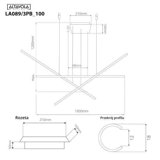 rysunek techniczny Altavola Lampa wisząca LINEA No.3PB 100cm 3k czarna LA089 3PB_100_3k_black