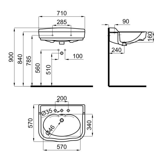 rysunek techniczny Antic umywalka wisząca z przelewem i 3 otworami na baterię 70 cm biały 100310960
