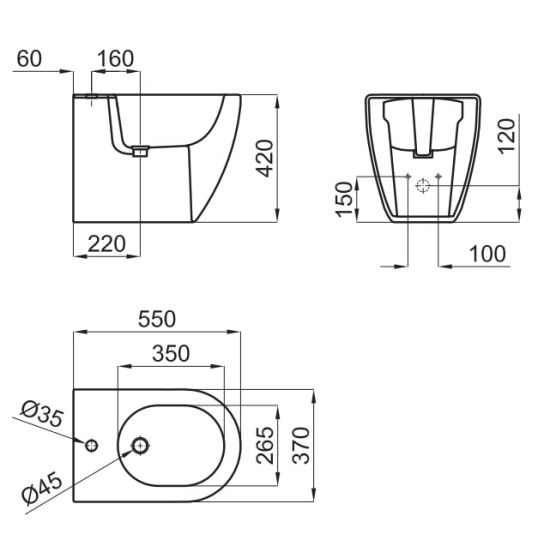 rysunek techniczny Arquitect bidet stojący biały 100048276