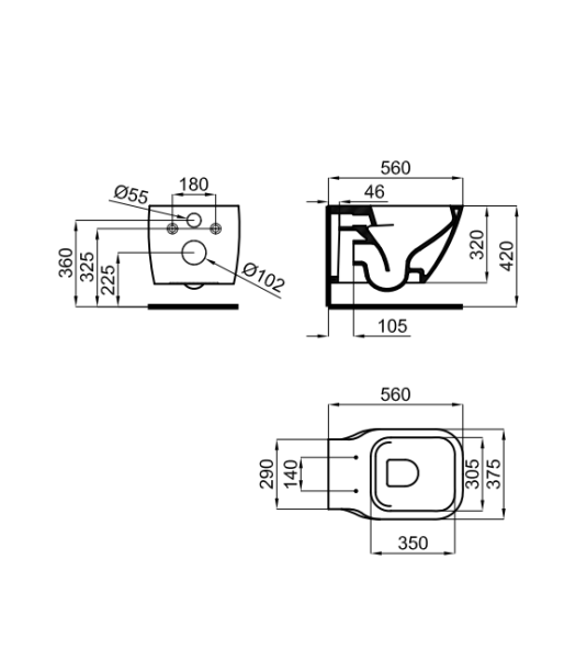 rysunek techniczny Essence C miska WC wisząca z deską wolnoopadającą biały 100312630