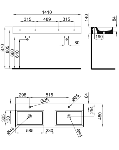rysunek techniczny Essence C podw&oacute;jna umywalka wisząca prostokątna 141 cm biały 100200976