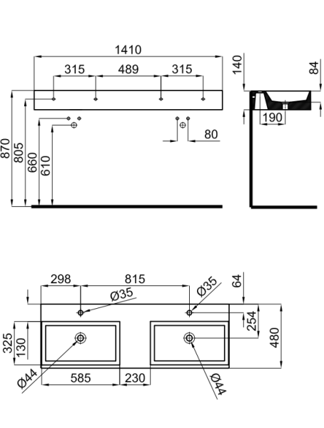 rysunek techniczny Essence C podw&oacute;jna umywalka wisząca prostokątna 141 cm czarny mat 100285127