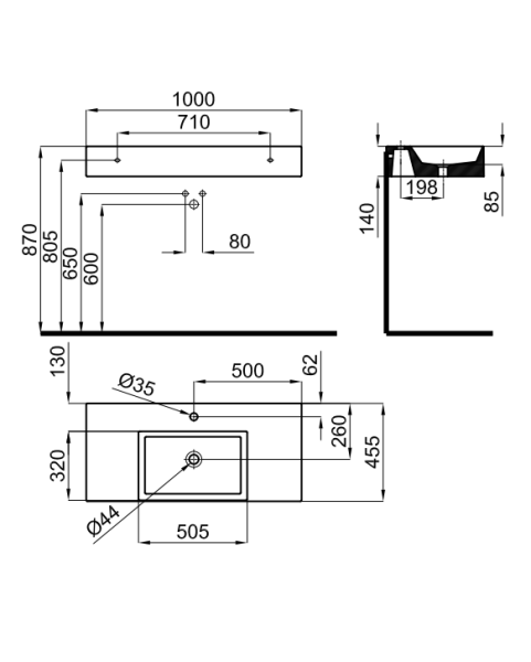 rysunek techniczny Essence C umywalka wisząca prostokątna 100 cm biały 100243669